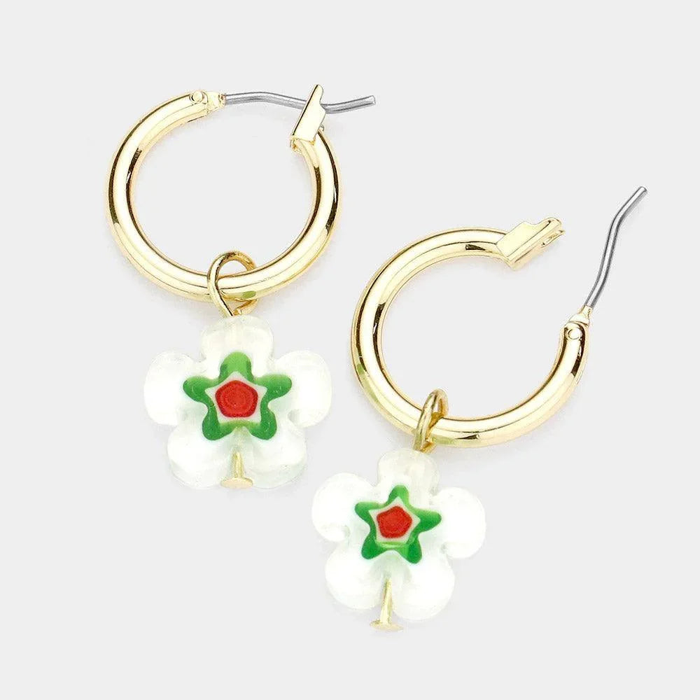 Green Patterned Flower Dangle Metal Hoop Pin Catch Earrings - Jewelry Store by Erik Rayo