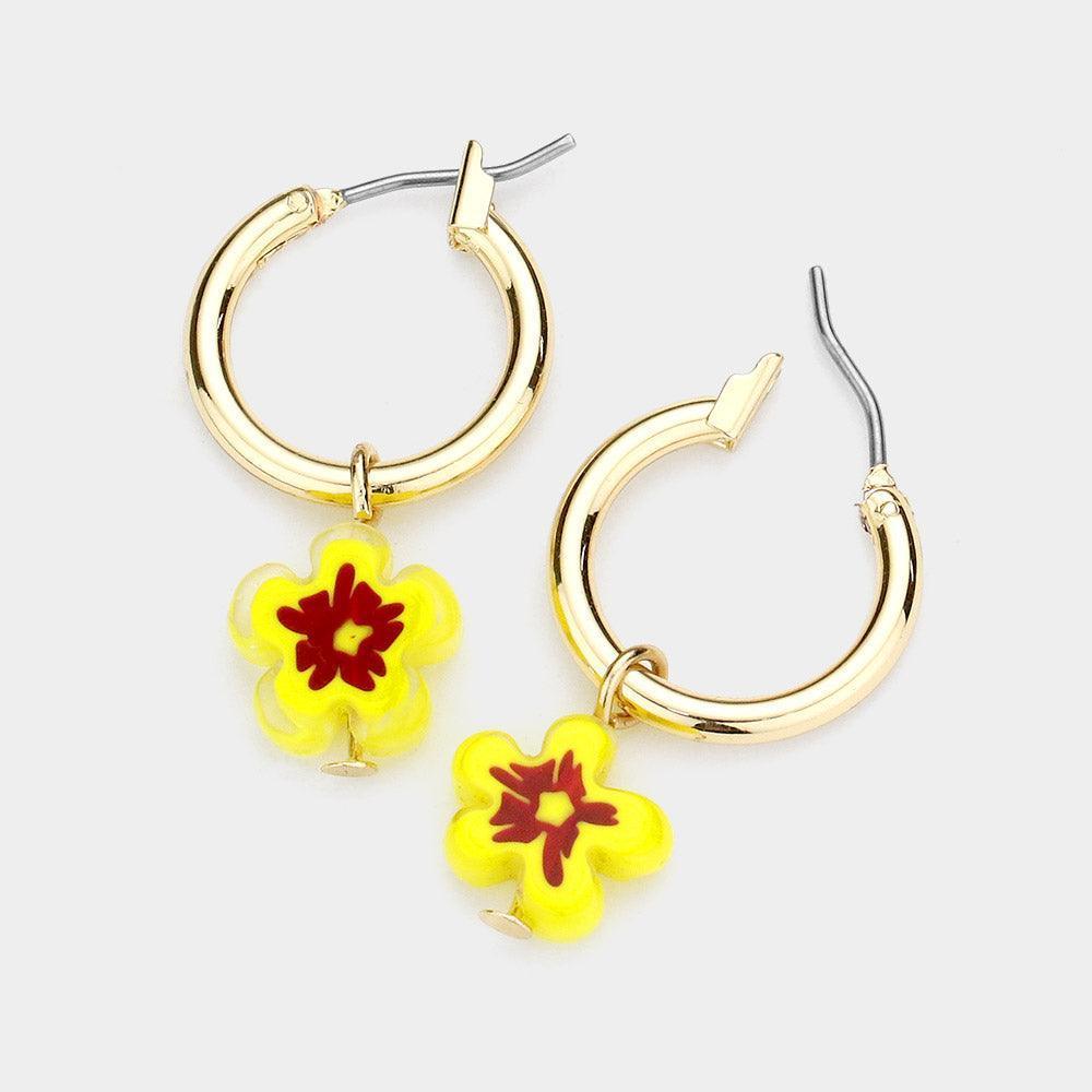 Yellow Patterned Flower Dangle Metal Hoop Pin Catch Earrings - Jewelry Store by Erik Rayo