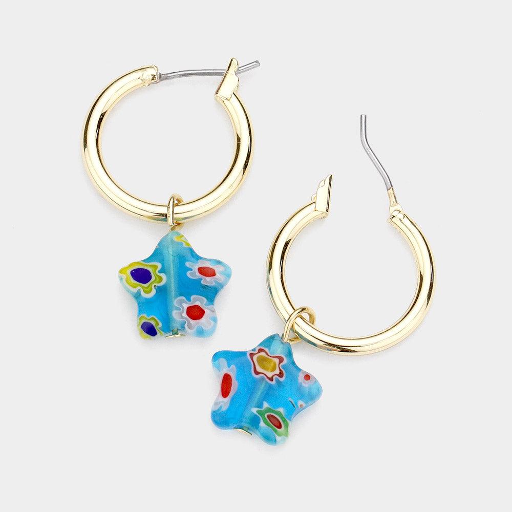 Turquoise Patterned Star Dangle Metal Hoop Pin Catch Earrings