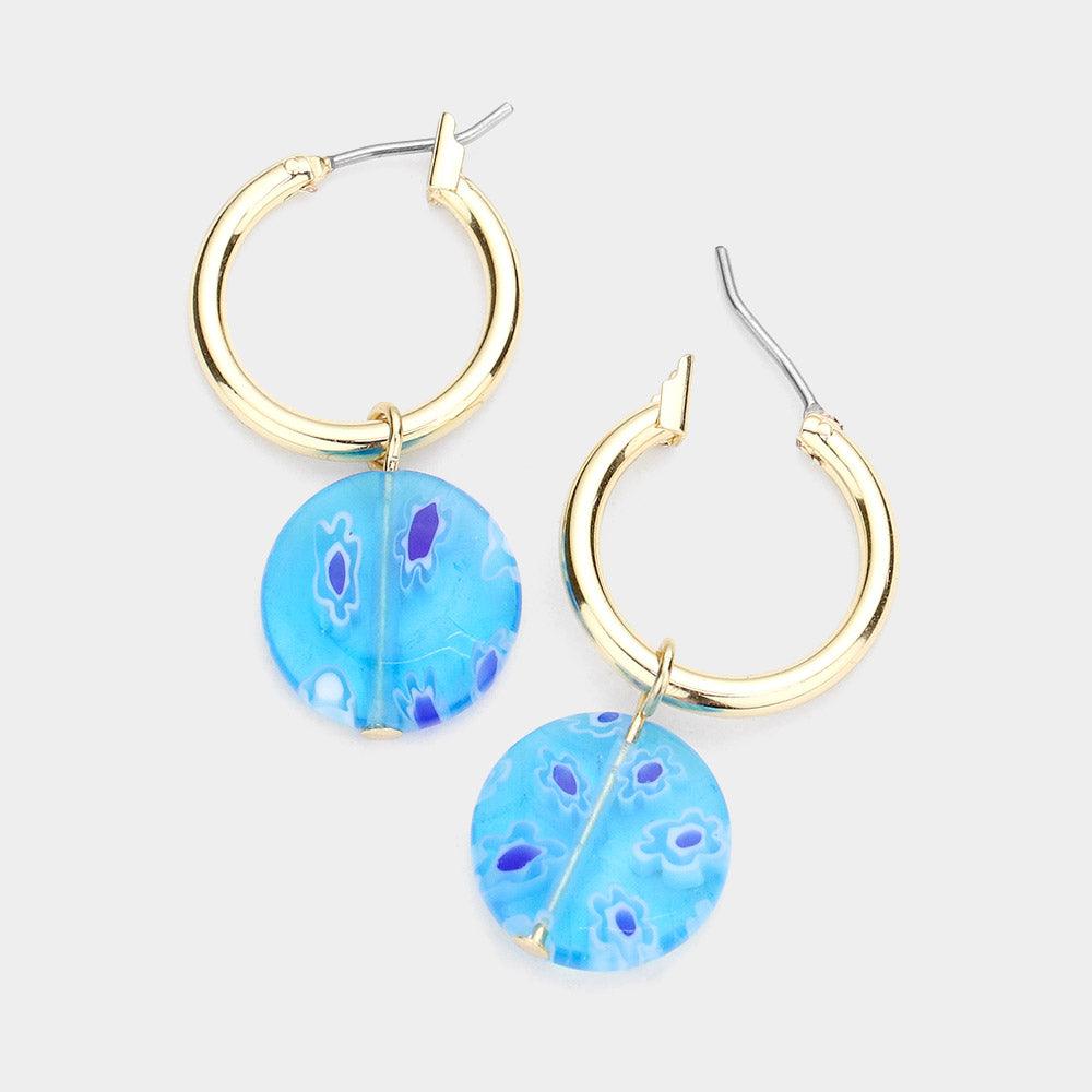 Turquoise Patterned Round Dangle Metal Hoop Pin Catch Earrings