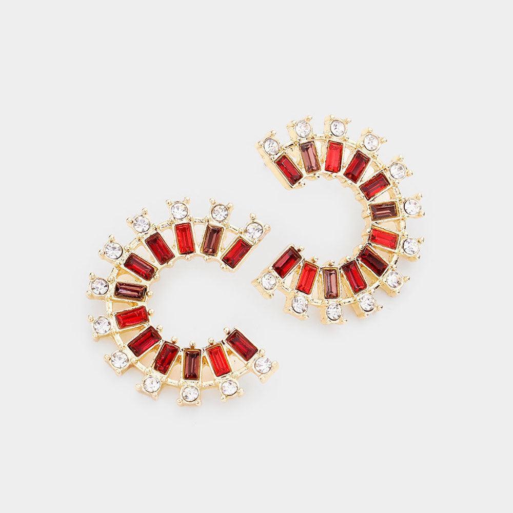 Red Round Rectangle Stone C Shaped Earrings - Jewelry Store by Erik Rayo