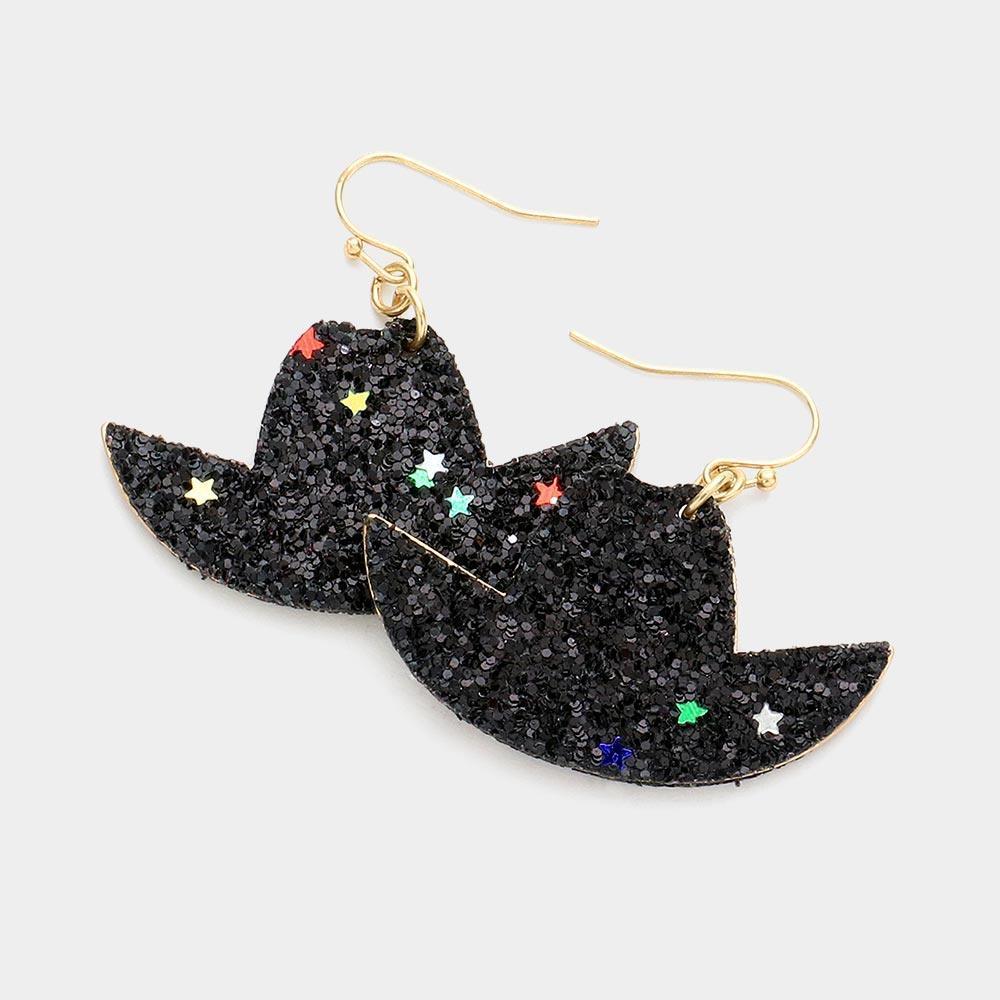 Black Glittered Cowboy Hat Dangle Earrings - Jewelry Store by Erik Rayo