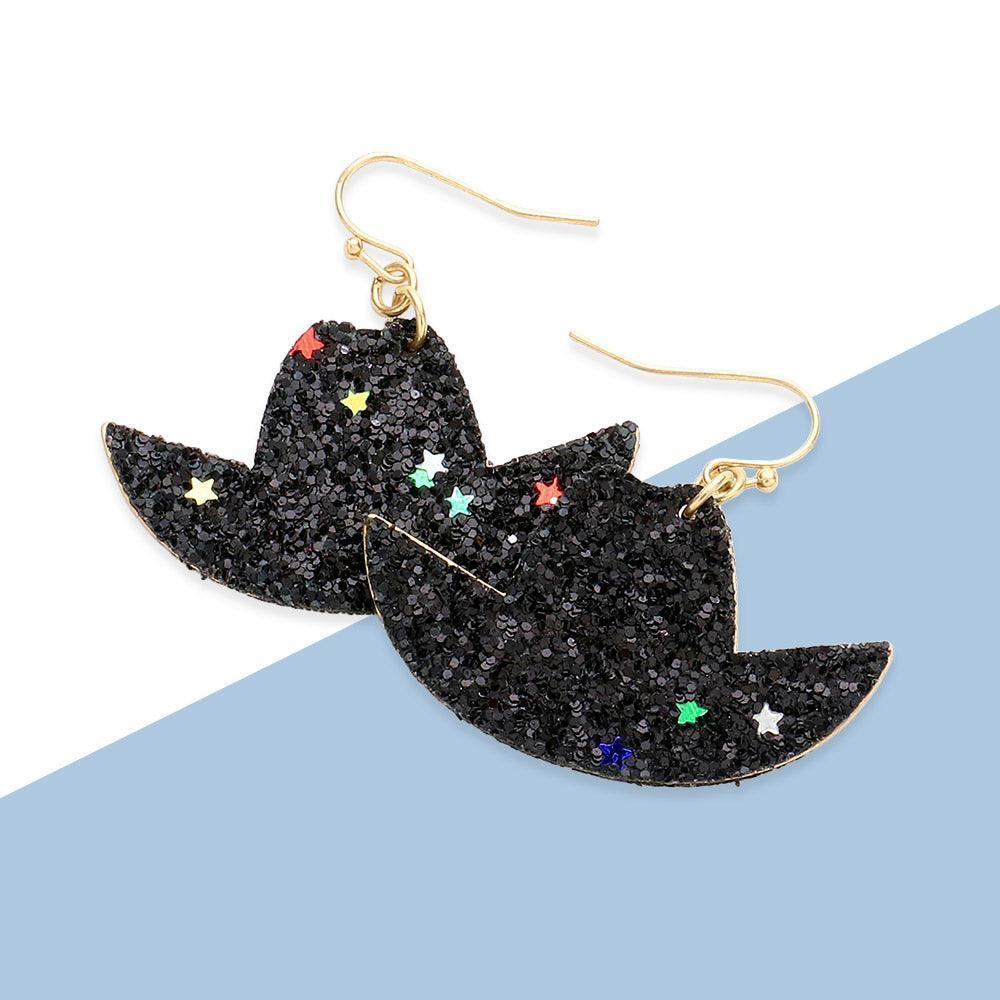 Black Glittered Cowboy Hat Dangle Earrings - Jewelry Store by Erik Rayo