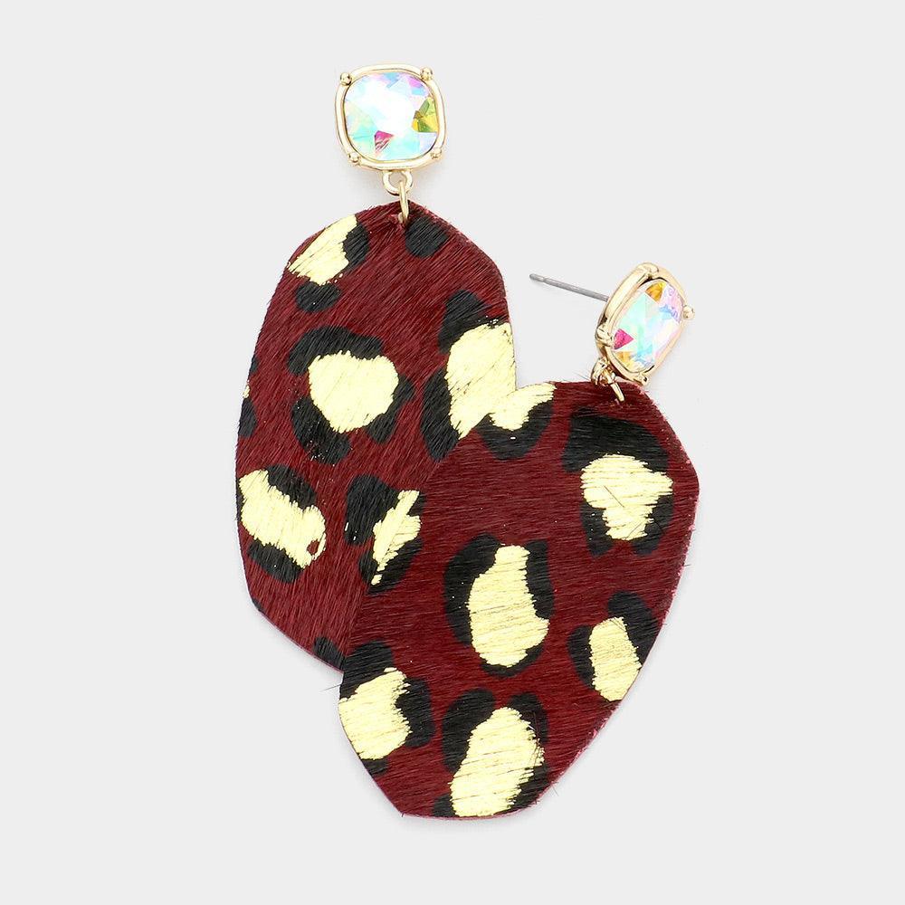Burgundy Leopard Patterned Genuine Leather Hexagon Dangle Earrings - Jewelry Store by Erik Rayo