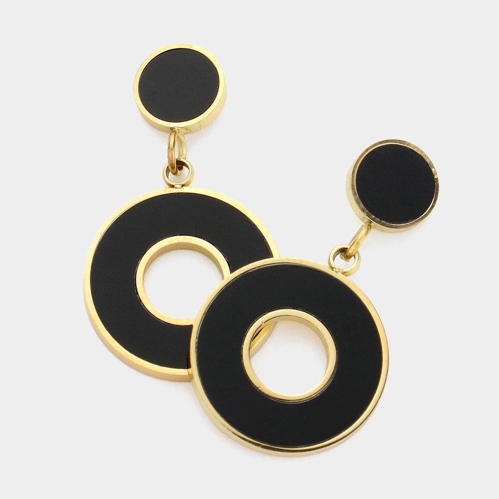 Black Stainless Steel Enamel Open O Dangle Earrings
