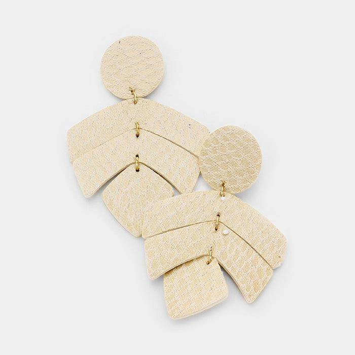 Gold Snake Skin Patterned Geo Leather Link Leaf Earrings - Jewelry Store by Erik Rayo