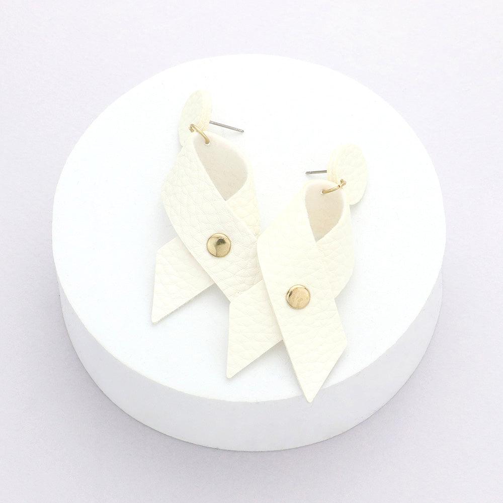 White Faux Leather Ribbon Dangle Earrings