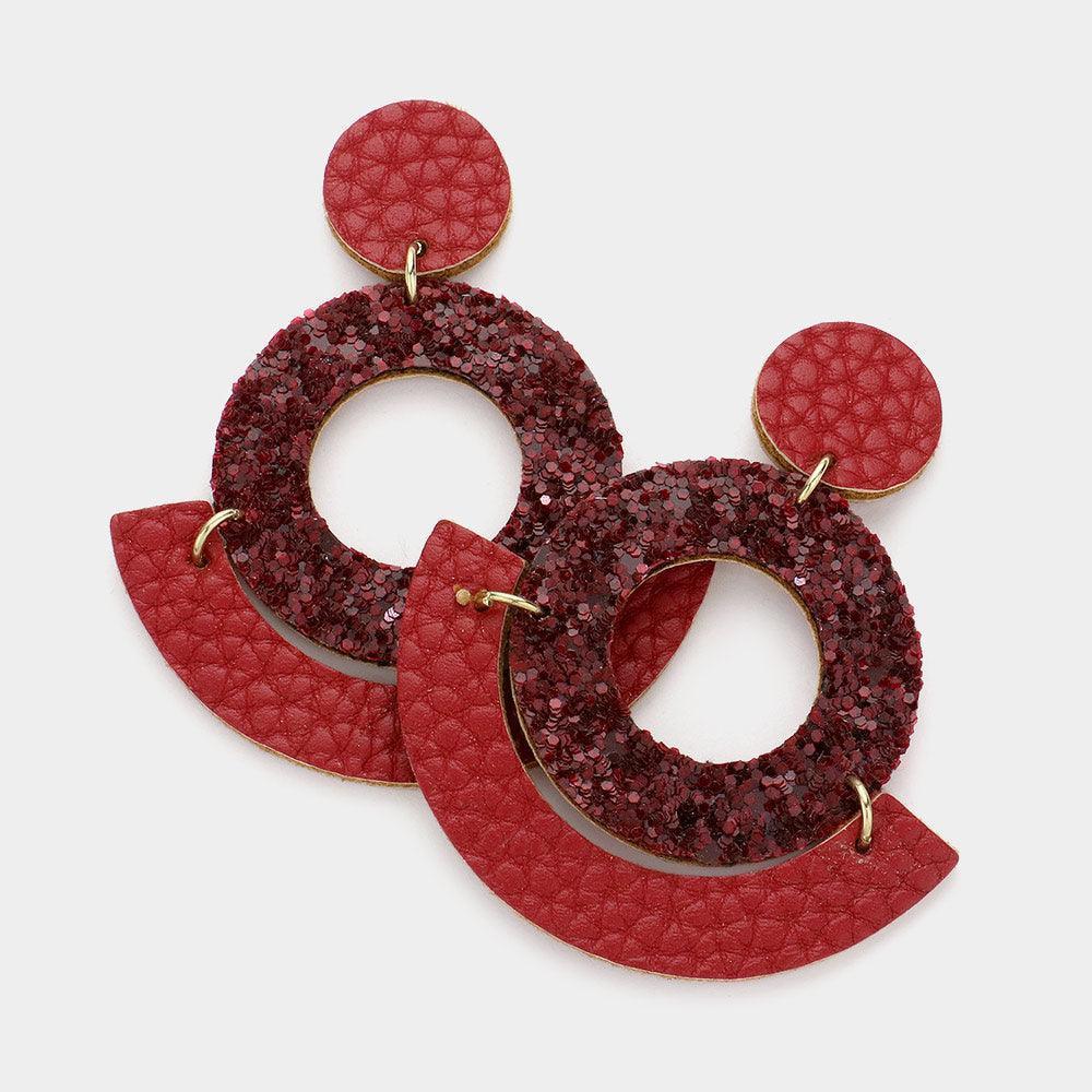 Burgundy Glitter Faux Leather Round Cut out Dangle Earrings - Jewelry Store by Erik Rayo
