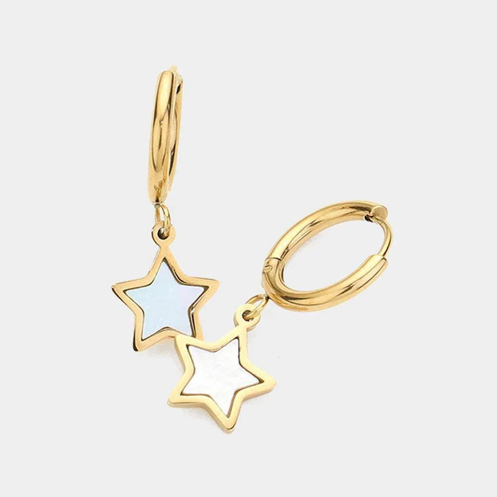 Gold Stainless Steel Mother Of Pearl Star Dangle Huggie Earrings - Jewelry Store by Erik Rayo