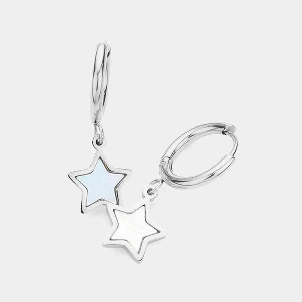 Silver Stainless Steel Mother Of Pearl Star Dangle Huggie Earrings - Jewelry Store by Erik Rayo
