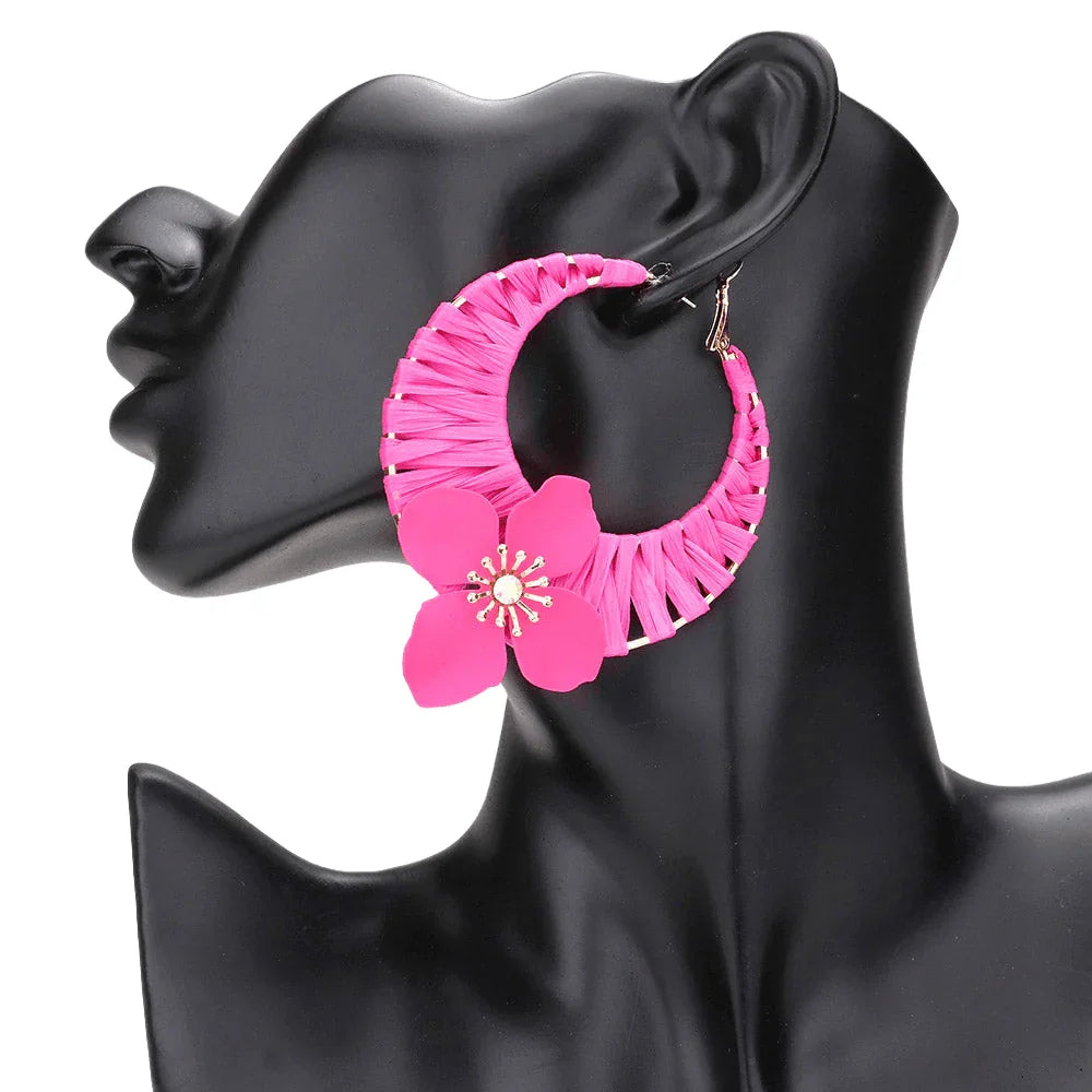 Fuchsia Flower Accented Raffia Wrapped Hoop Earrings - Jewelry Store by Erik Rayo