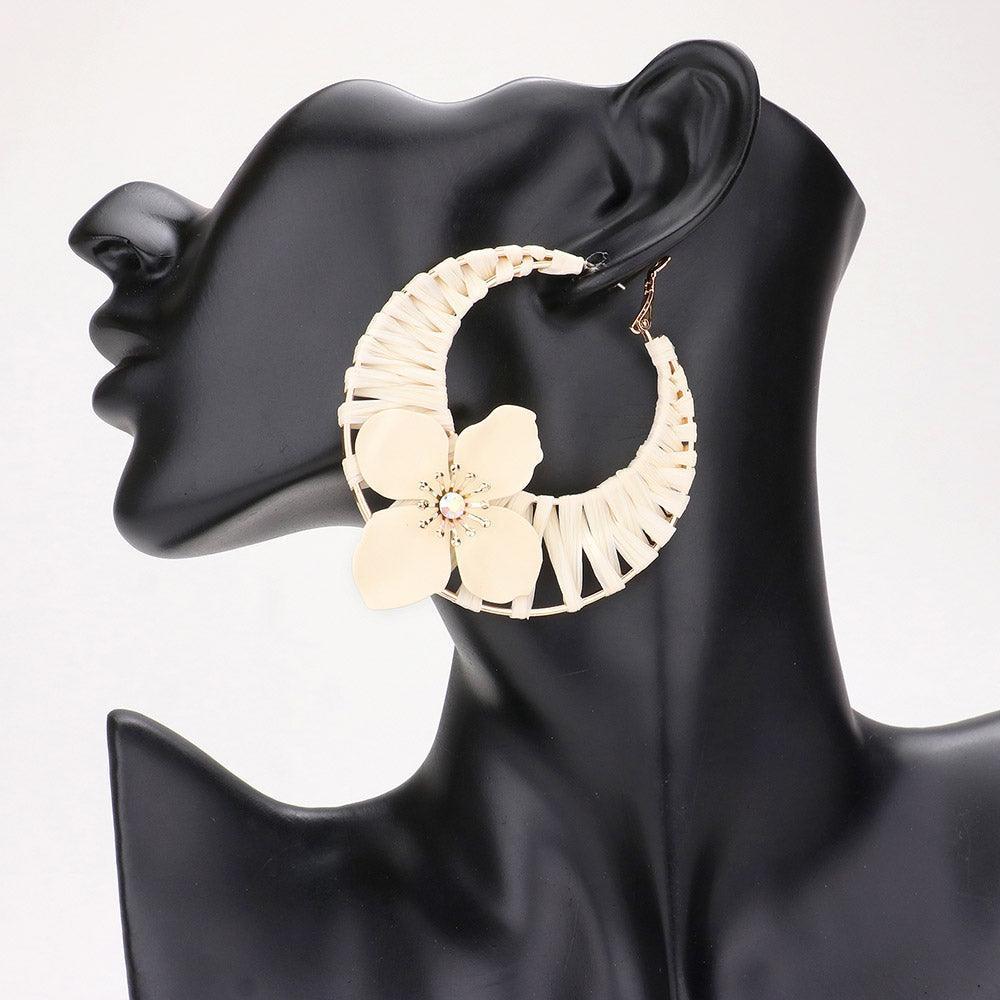 Beige Flower Accented Raffia Wrapped Hoop Earrings - Jewelry Store by Erik Rayo
