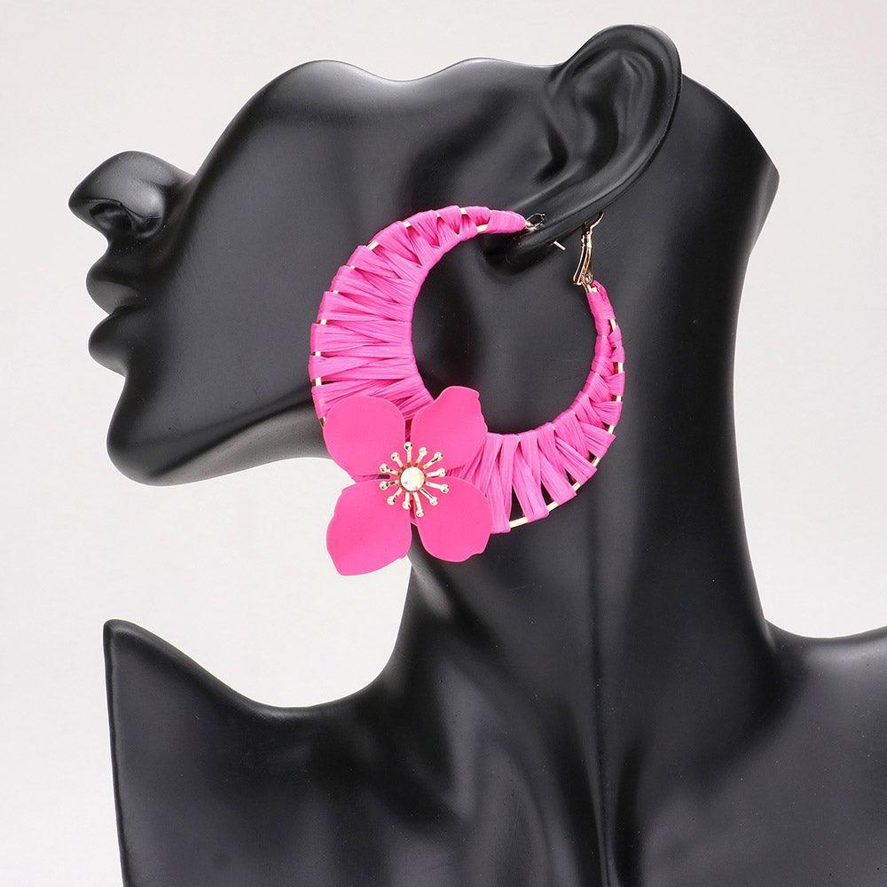 Fuchsia Flower Accented Raffia Wrapped Hoop Earrings - Jewelry Store by Erik Rayo