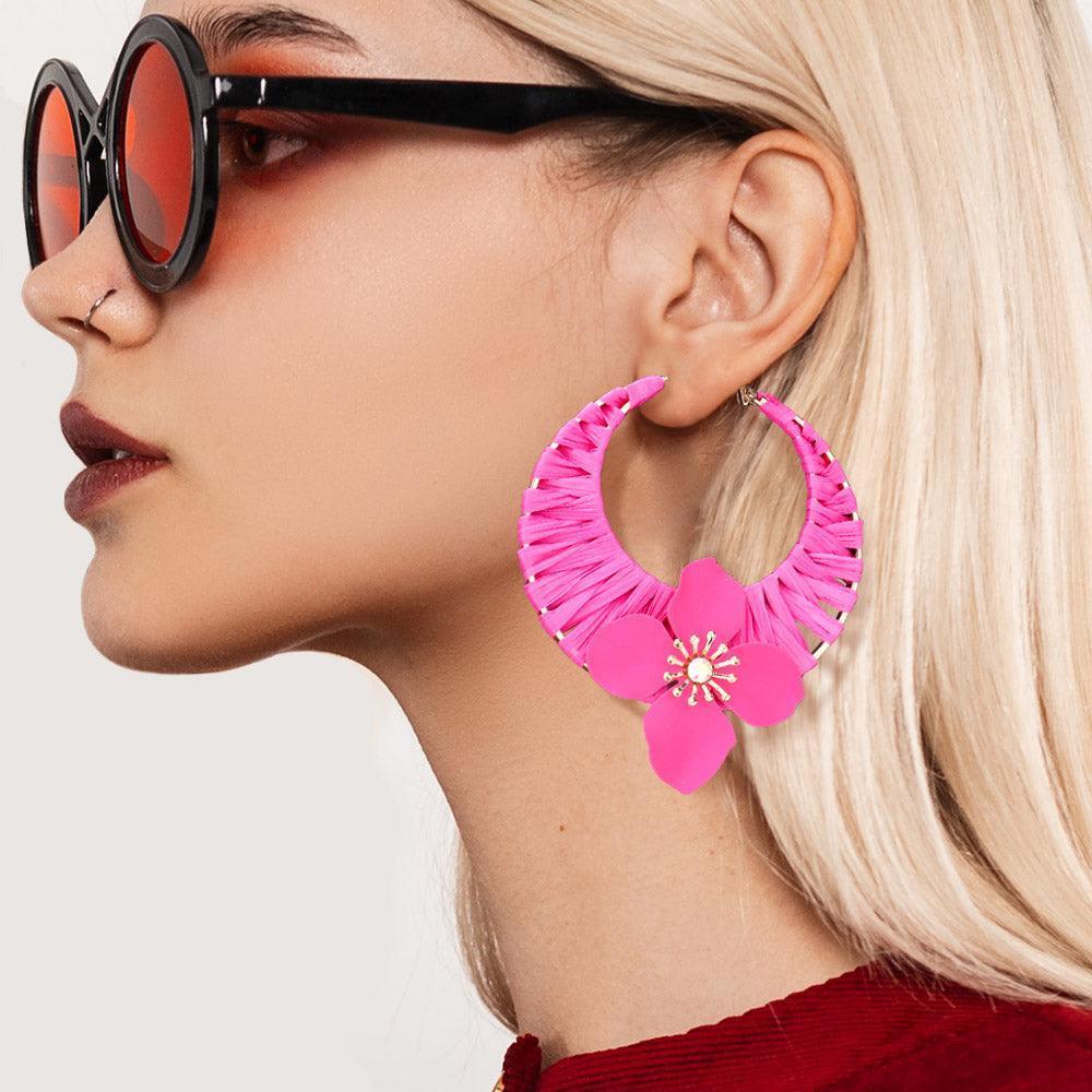 Fuchsia Flower Accented Raffia Wrapped Hoop Earrings - Jewelry Store by Erik Rayo