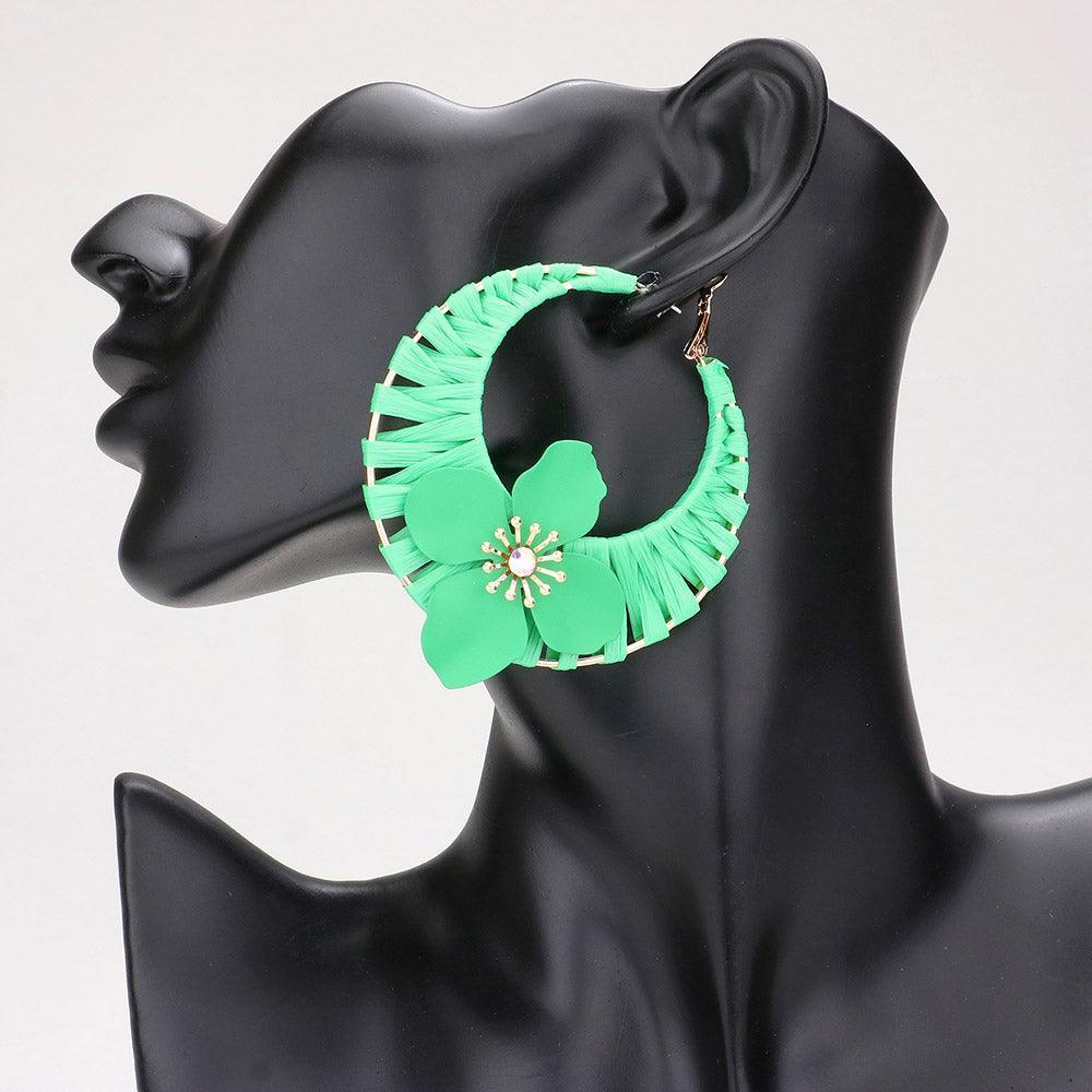 Green Flower Accented Raffia Wrapped Hoop Earrings - Jewelry Store by Erik Rayo