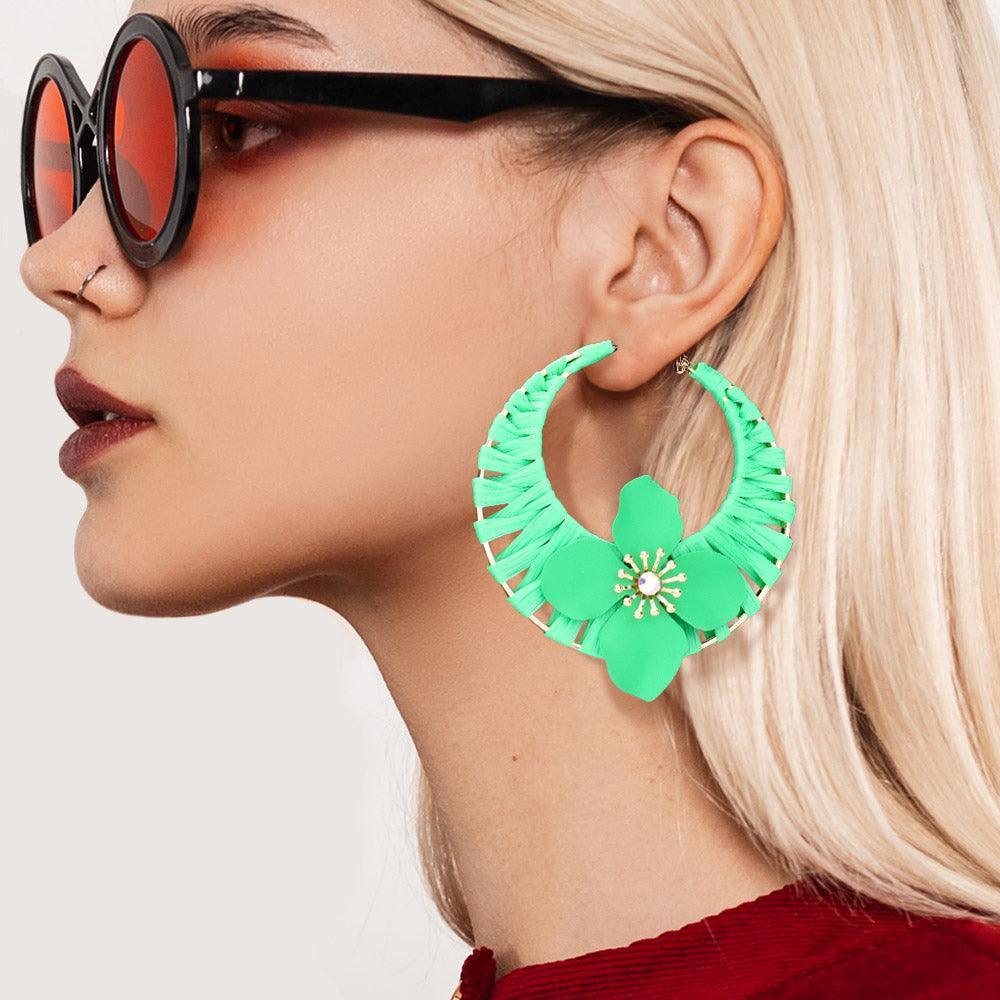 Green Flower Accented Raffia Wrapped Hoop Earrings - Jewelry Store by Erik Rayo