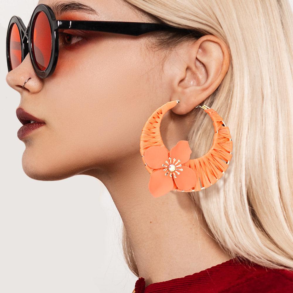 Orange Flower Accented Raffia Wrapped Hoop Earrings