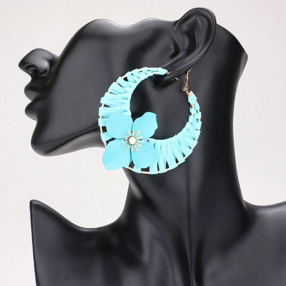 Turquoise Flower Accented Raffia Wrapped Hoop Earrings - Jewelry Store by Erik Rayo