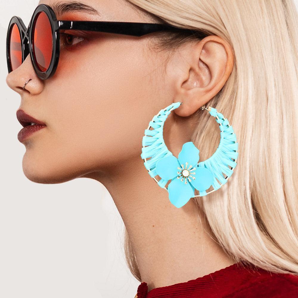 Turquoise Flower Accented Raffia Wrapped Hoop Earrings - Jewelry Store by Erik Rayo