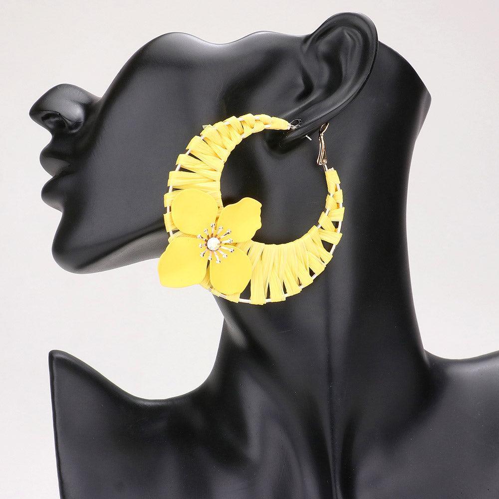 Yellow Flower Accented Raffia Wrapped Hoop Earrings - Jewelry Store by Erik Rayo