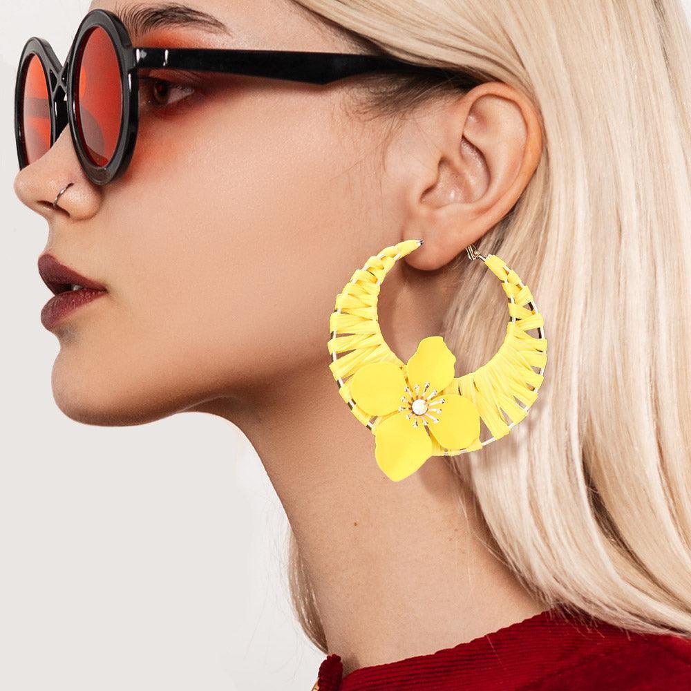 Yellow Flower Accented Raffia Wrapped Hoop Earrings - Jewelry Store by Erik Rayo