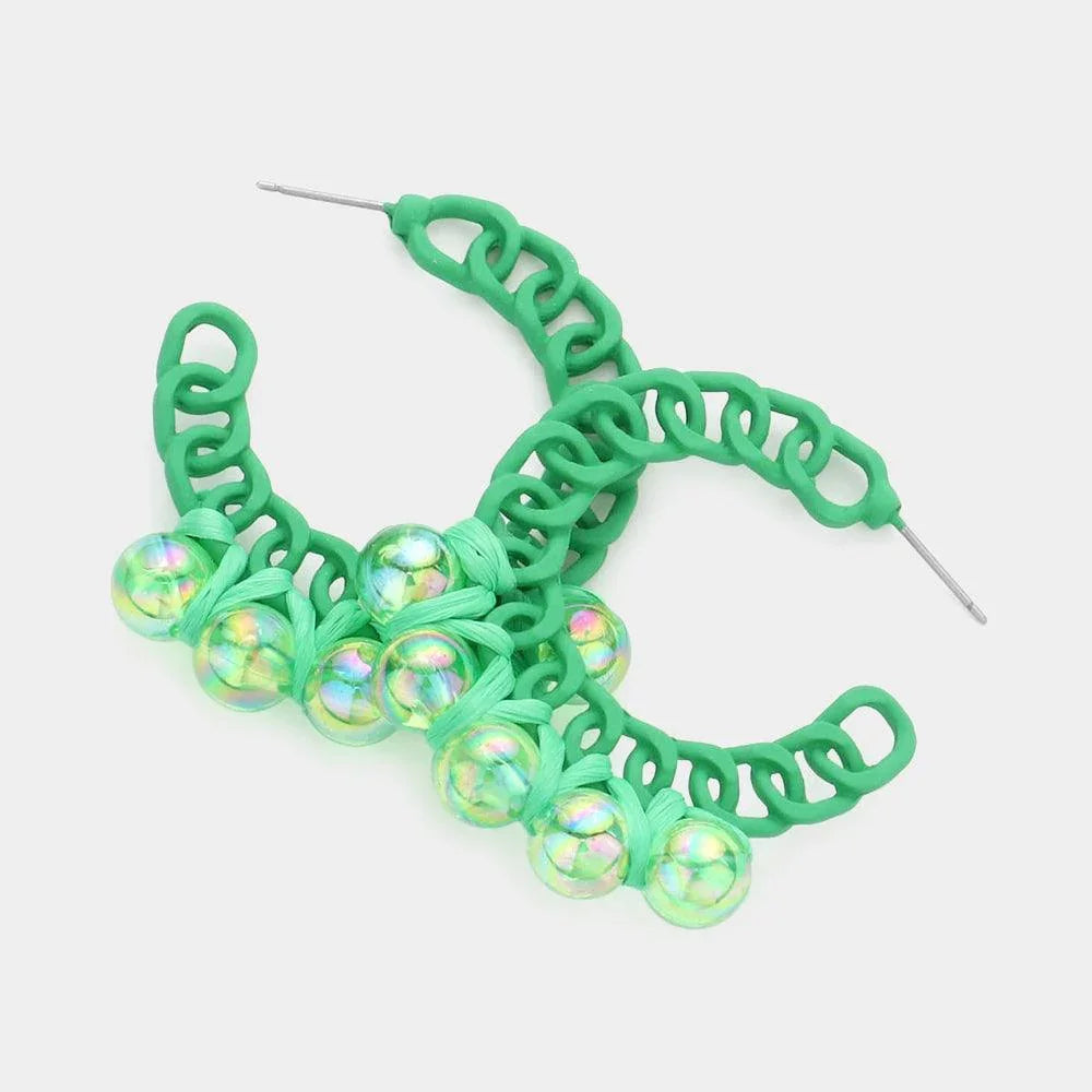 Green Hologram Ball Pointed Colored Chain Hoop Earrings - Jewelry Store by Erik Rayo