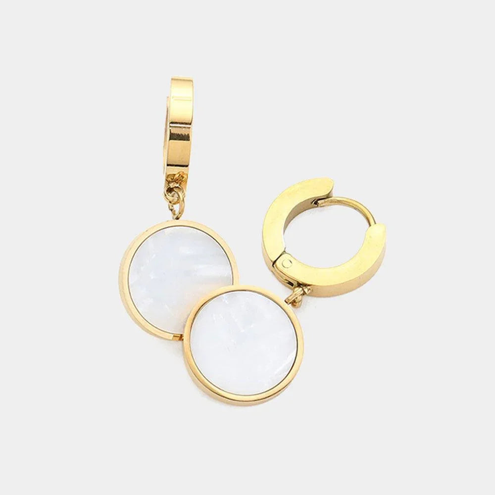 Gold Stainless Steel Mother Of Pearl Disc Dangle Huggie Earrings - Jewelry Store by Erik Rayo