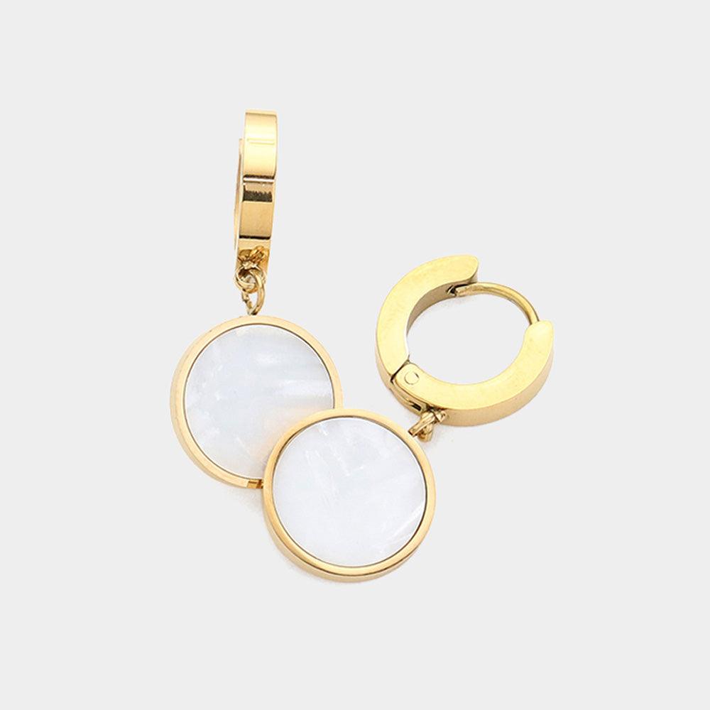 Gold Stainless Steel Mother Of Pearl Disc Dangle Huggie Earrings