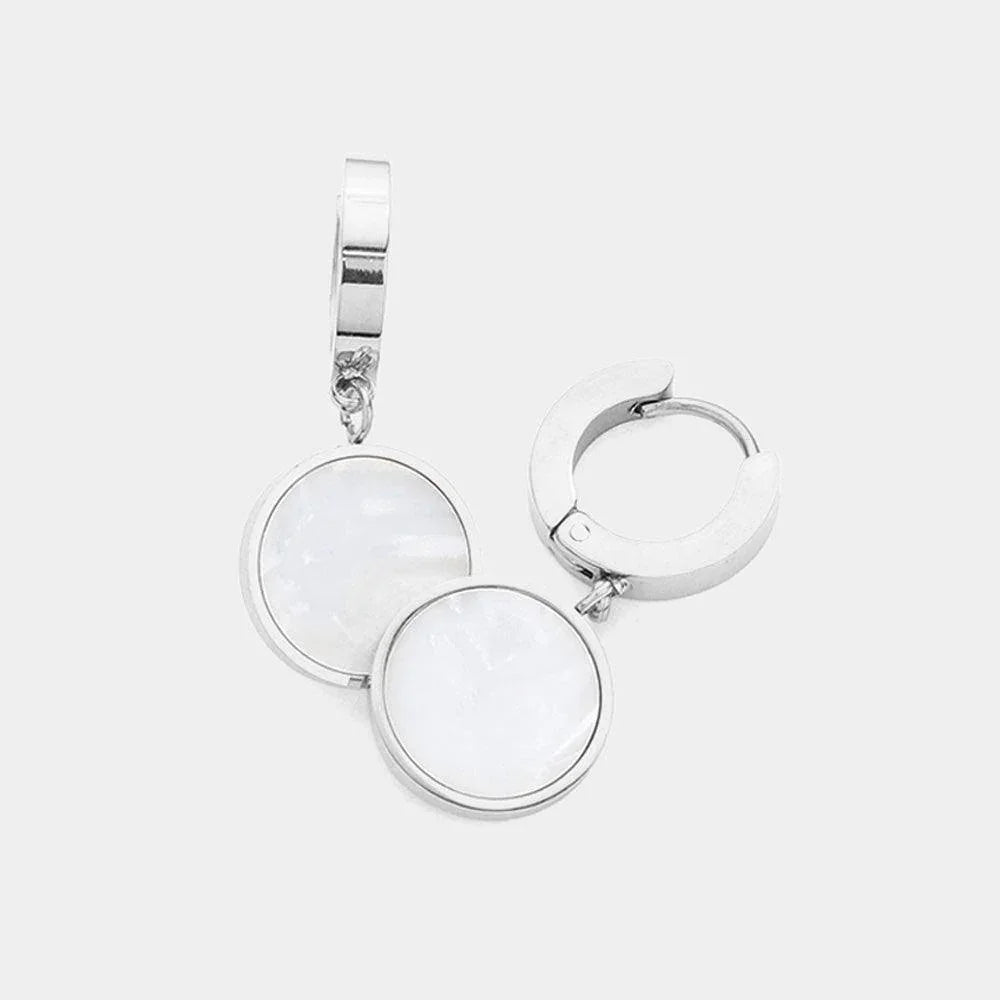 Silver Stainless Steel Mother Of Pearl Disc Dangle Huggie Earrings - Jewelry Store by Erik Rayo