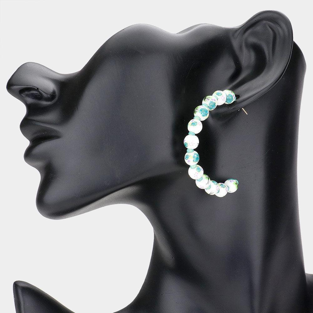 Green Flower Patterned Beaded Half Hoop Earrings - Jewelry Store by Erik Rayo