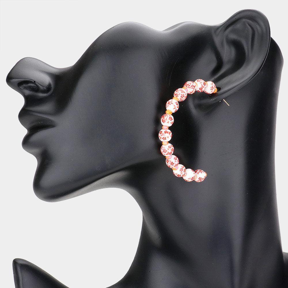 Red Flower Patterned Beaded Half Hoop Earrings - Jewelry Store by Erik Rayo