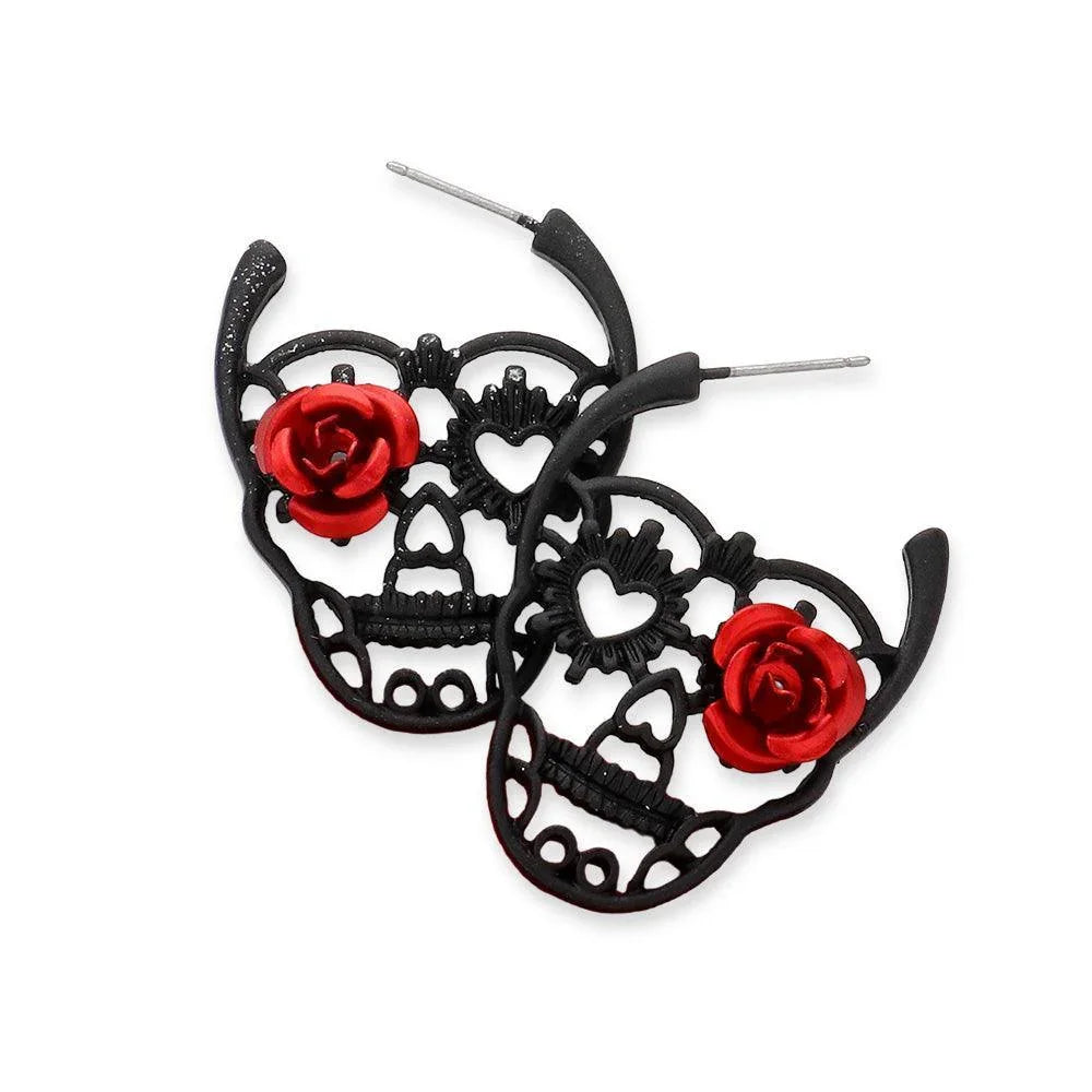 Black Flower Heart Pointed Skull Earrings - Jewelry Store by Erik Rayo