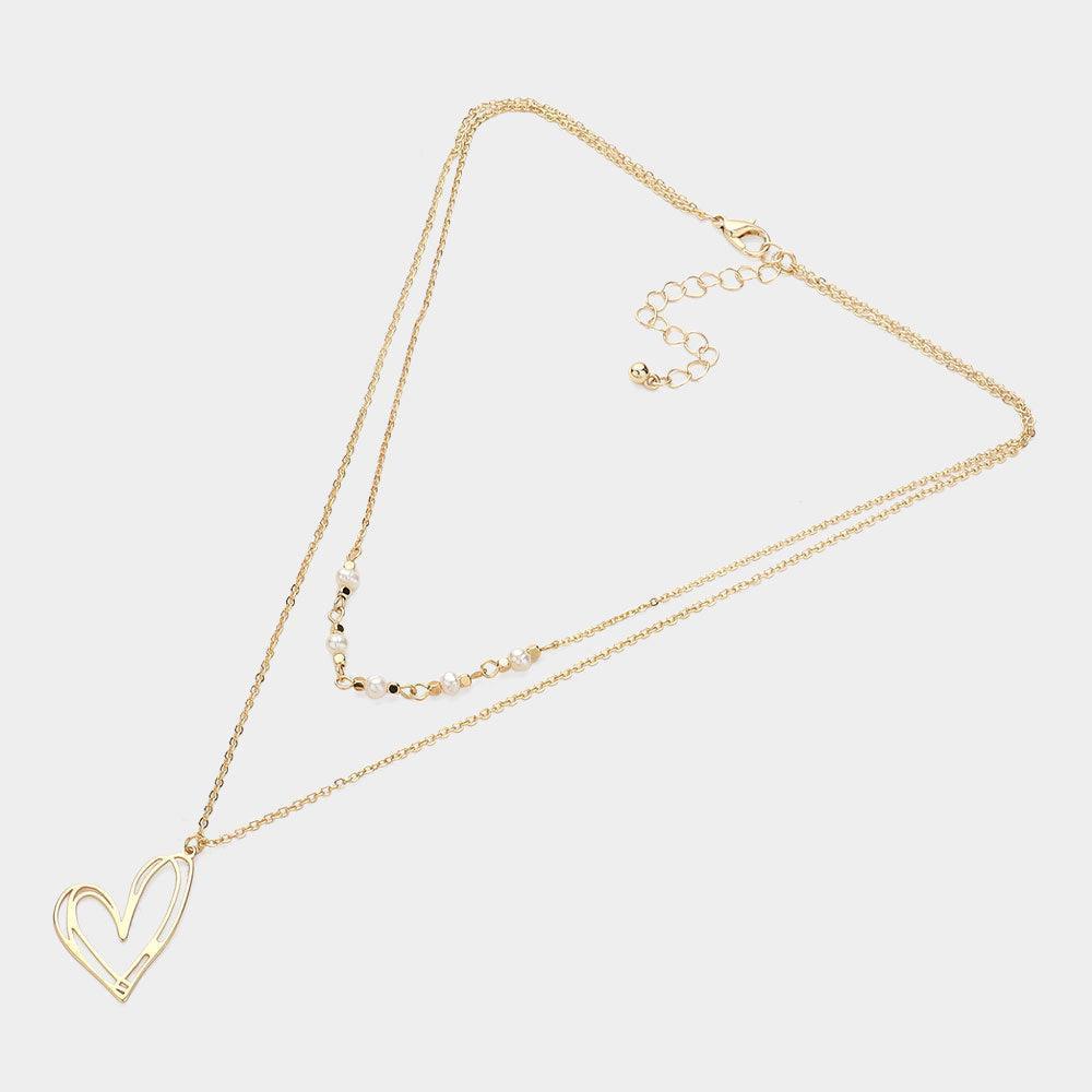 Gold Pearl Pointed Metal Heart Pendant Double Layered Necklace - Jewelry Store by Erik Rayo