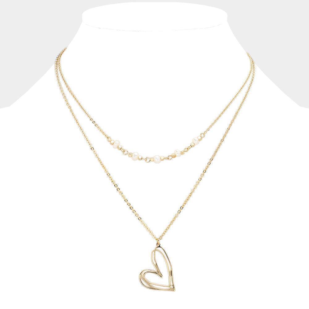 Gold Pearl Pointed Metal Heart Pendant Double Layered Necklace - Jewelry Store by Erik Rayo