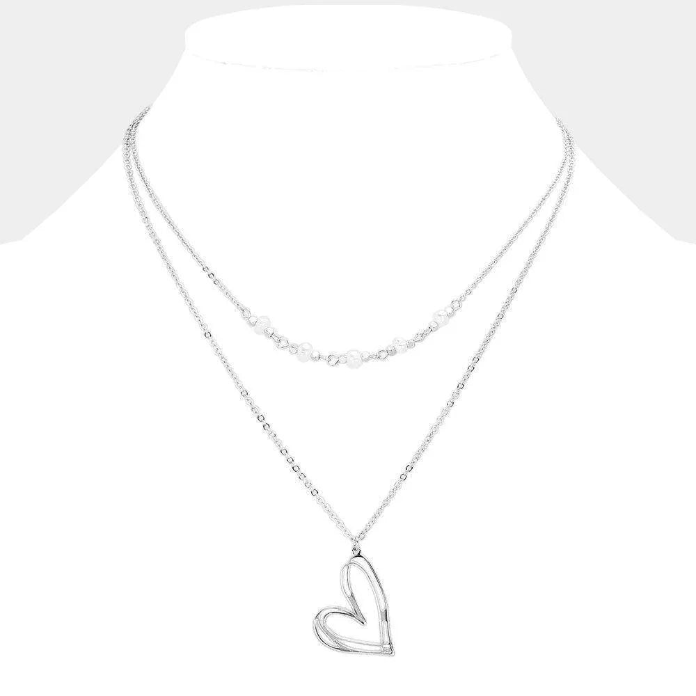 Silver Pearl Pointed Metal Heart Pendant Double Layered Necklace - Jewelry Store by Erik Rayo