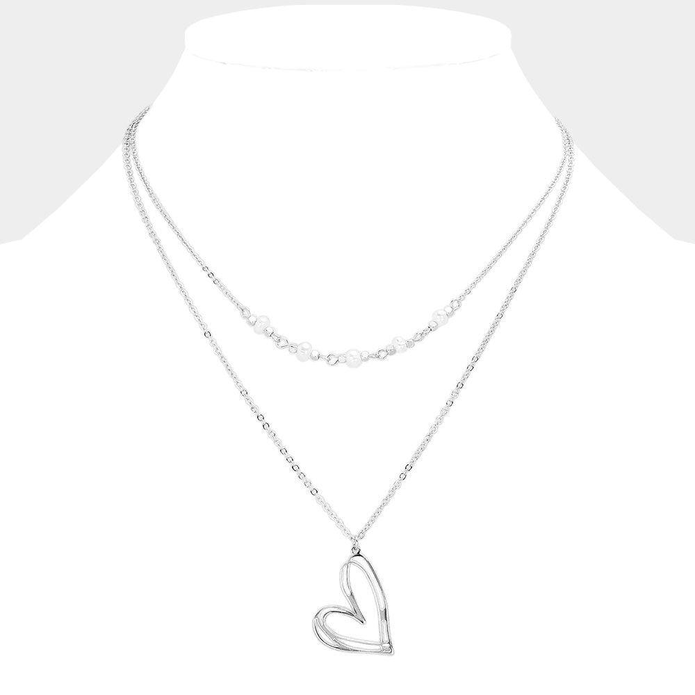 Silver Pearl Pointed Metal Heart Pendant Double Layered Necklace