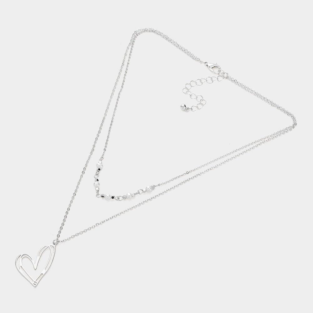 Silver Pearl Pointed Metal Heart Pendant Double Layered Necklace - Jewelry Store by Erik Rayo