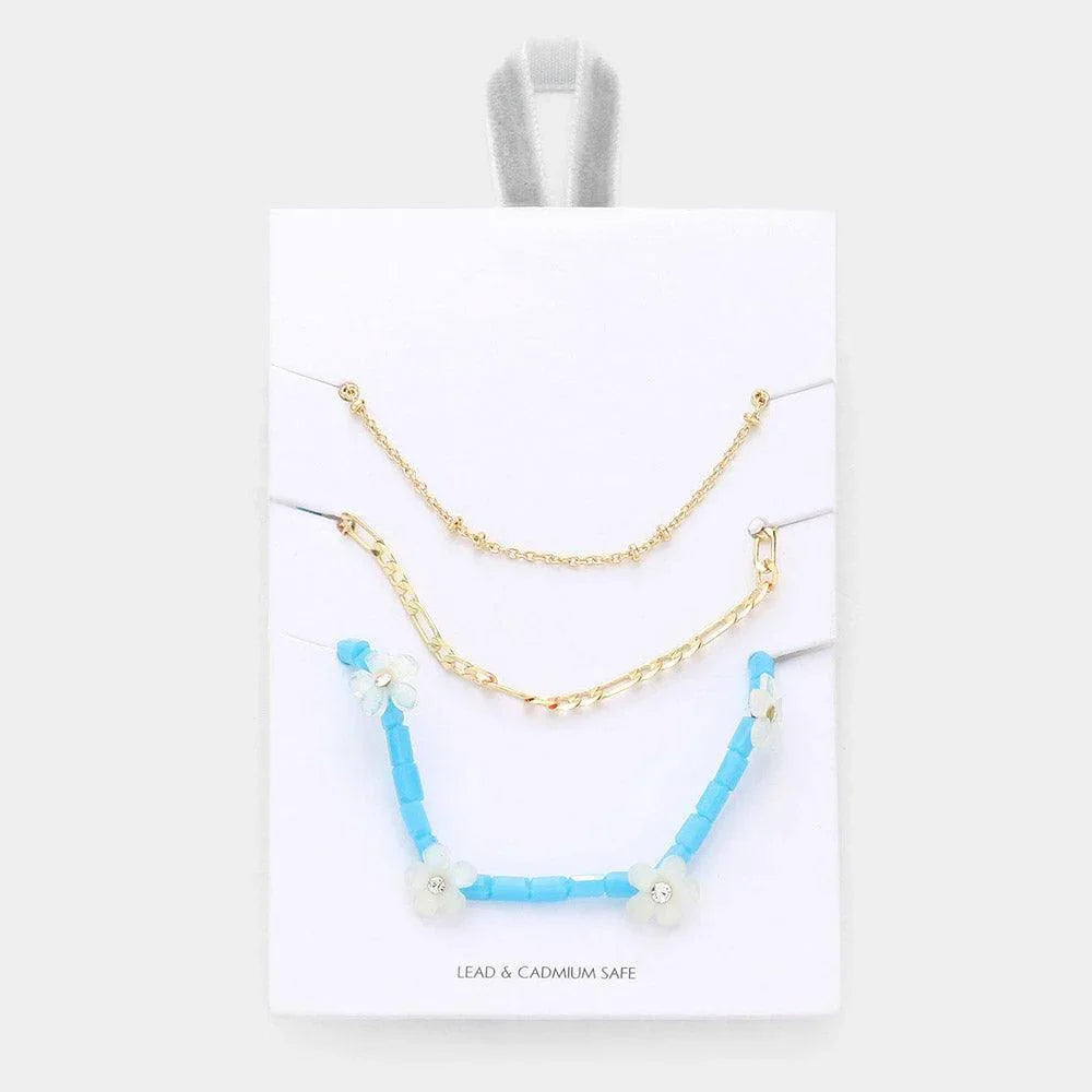 Blue 3PCS - Metal Chain Flower Accented Beaded Necklaces - Jewelry Store by Erik Rayo