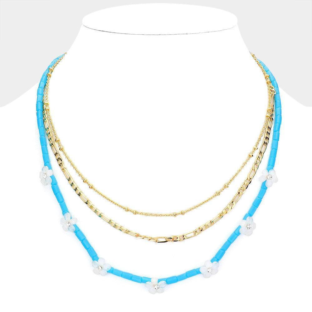 Blue 3PCS - Metal Chain Flower Accented Beaded Necklaces - Jewelry Store by Erik Rayo