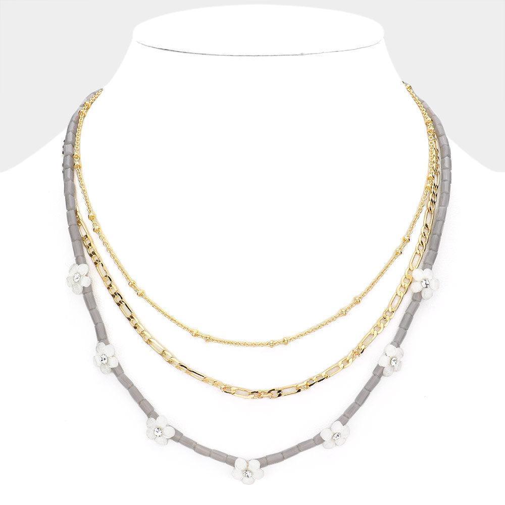 3PCS - Metal Chain Flower Accented Beaded Necklaces - Jewelry Store by Erik Rayo