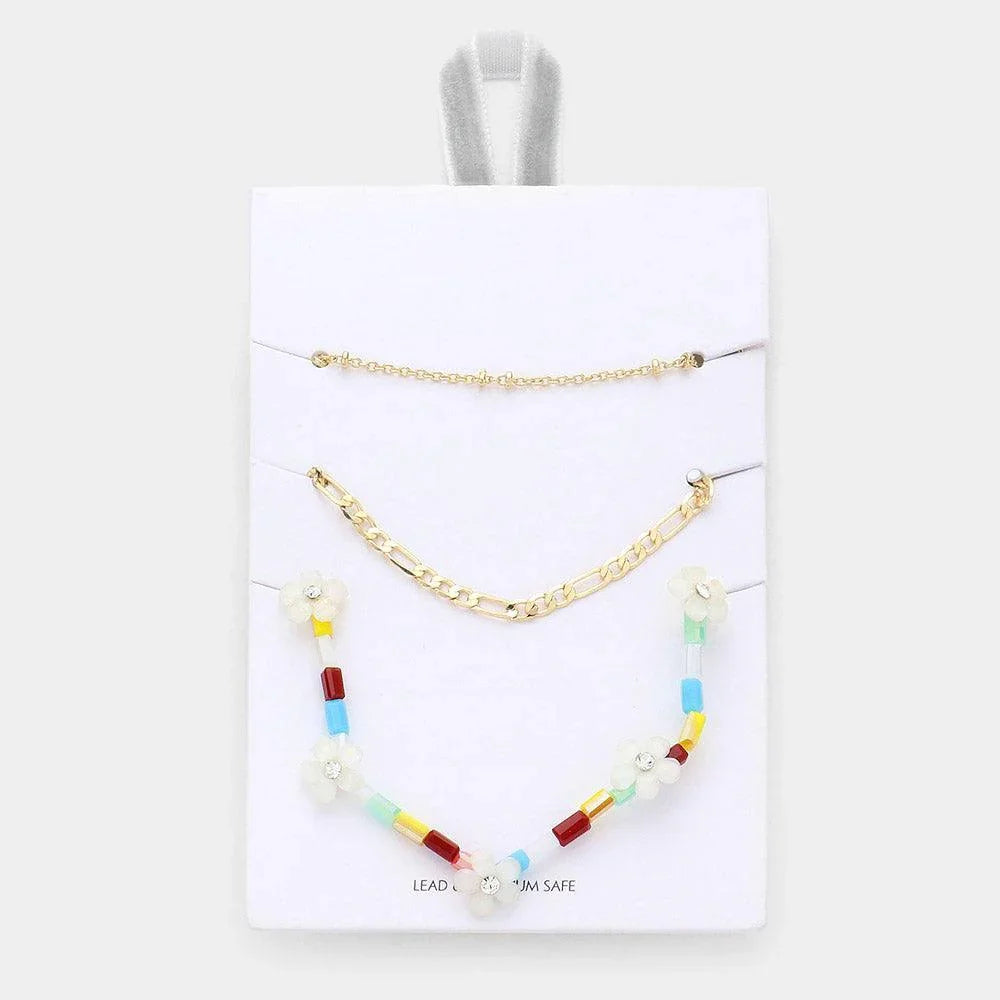 3PCS - Metal Chain Flower Accented Beaded Necklaces - Jewelry Store by Erik Rayo