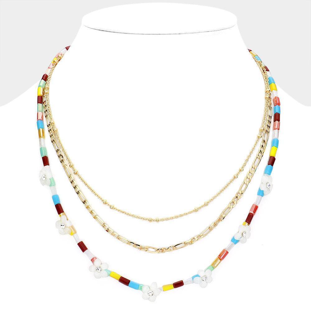 3PCS - Metal Chain Flower Accented Beaded Necklaces - Jewelry Store by Erik Rayo