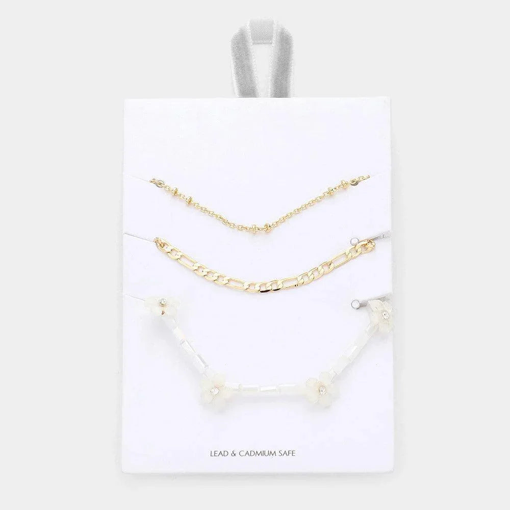 3PCS - Metal Chain Flower Accented Beaded Necklaces - Jewelry Store by Erik Rayo