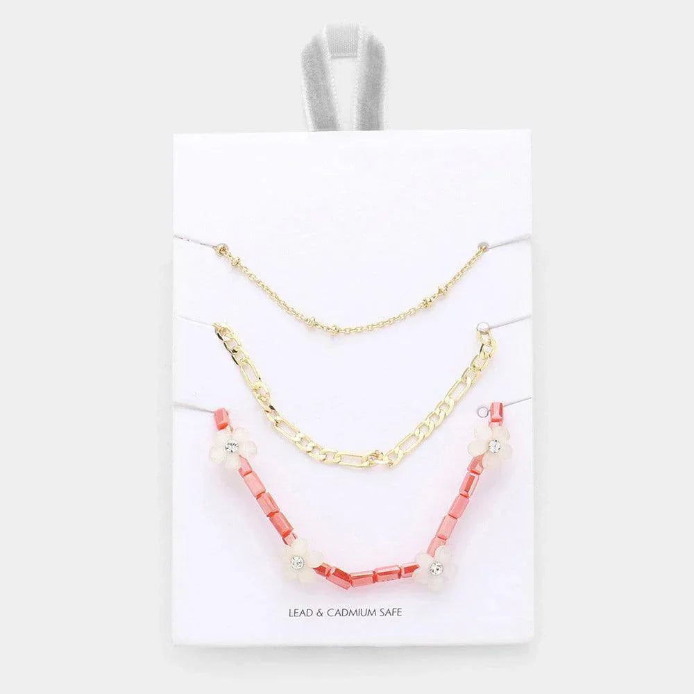 Pink 3PCS - Metal Chain Flower Accented Beaded Necklaces - Jewelry Store by Erik Rayo