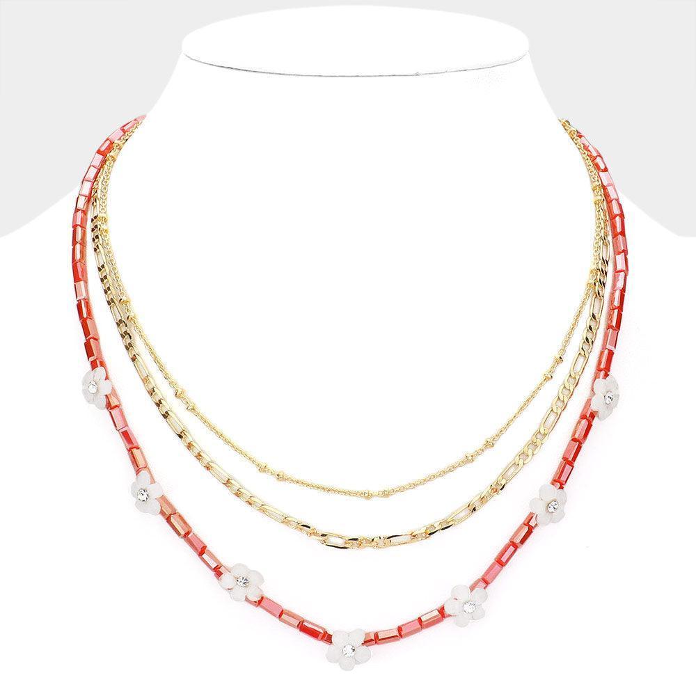 Pink 3PCS - Metal Chain Flower Accented Beaded Necklaces - Jewelry Store by Erik Rayo