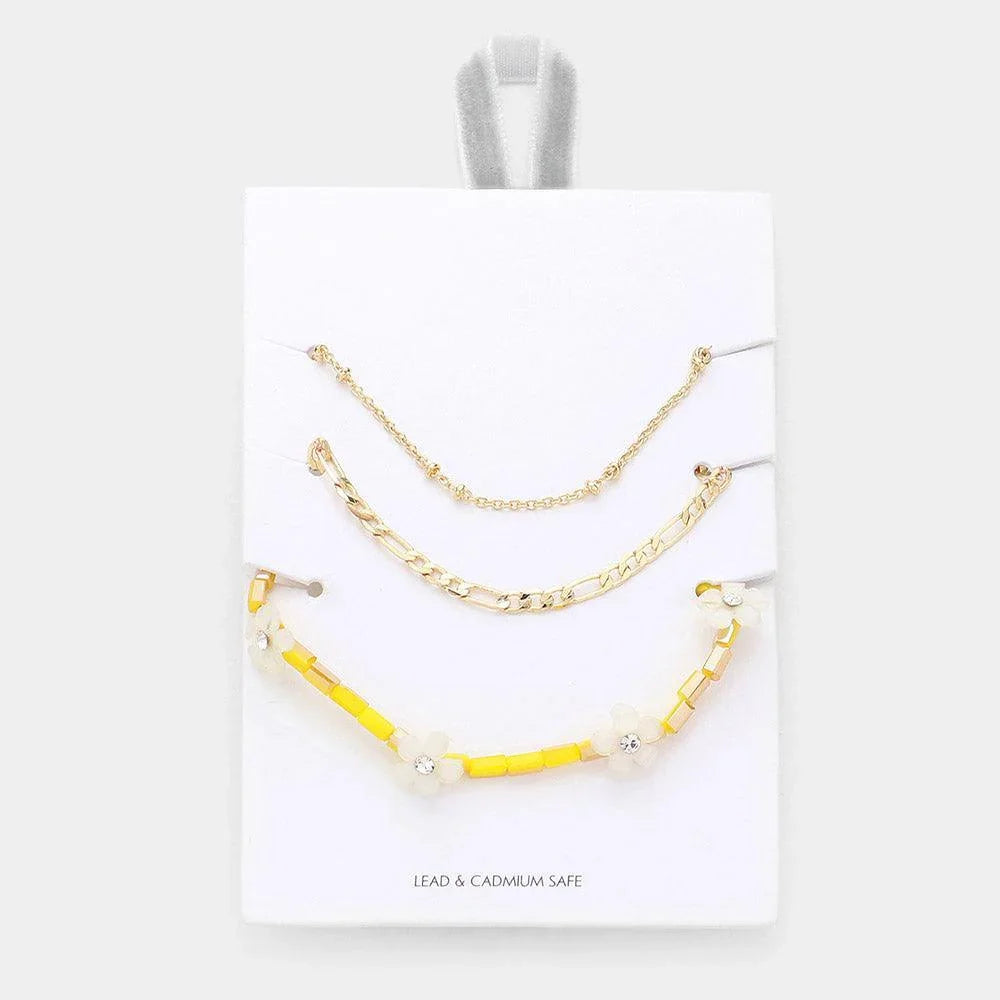 Yellow 3PCS - Metal Chain Flower Accented Beaded Necklaces - Jewelry Store by Erik Rayo