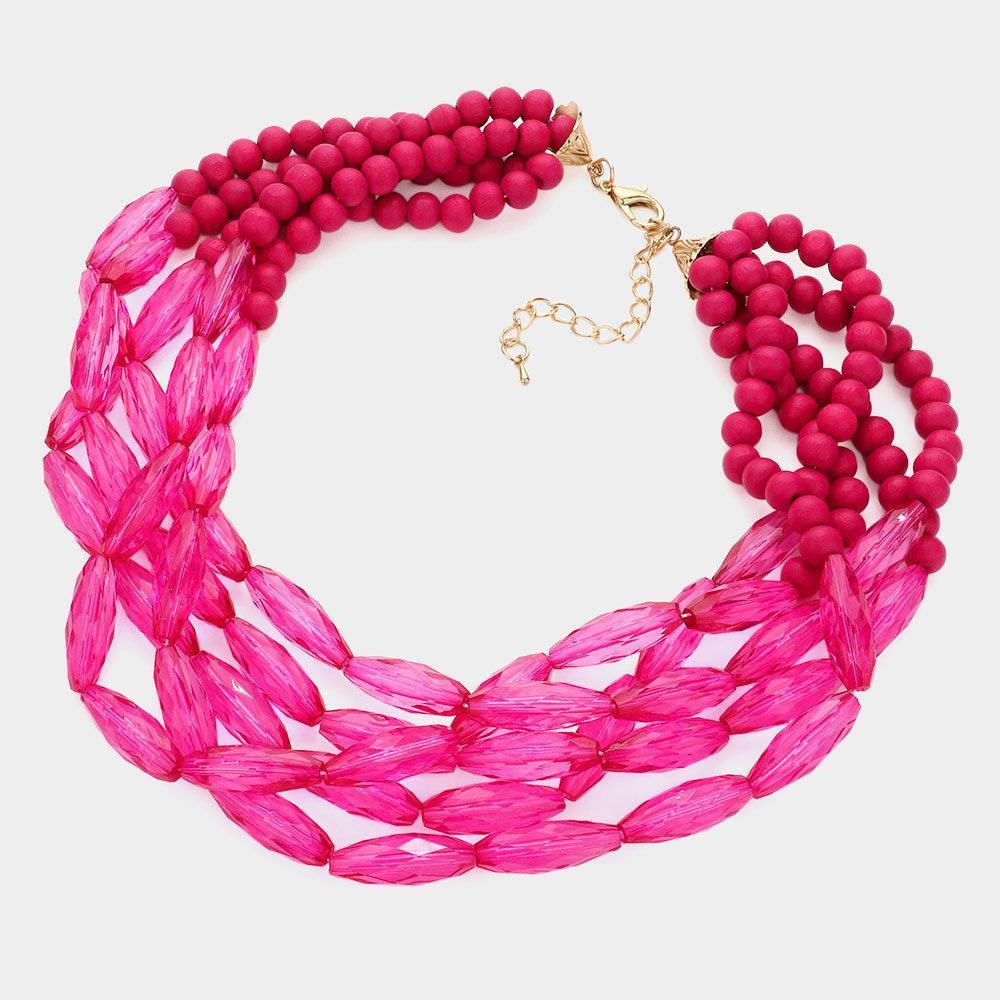 Fuchsia Wood Ball Beaded Multi Layered Necklace - Jewelry Store by Erik Rayo
