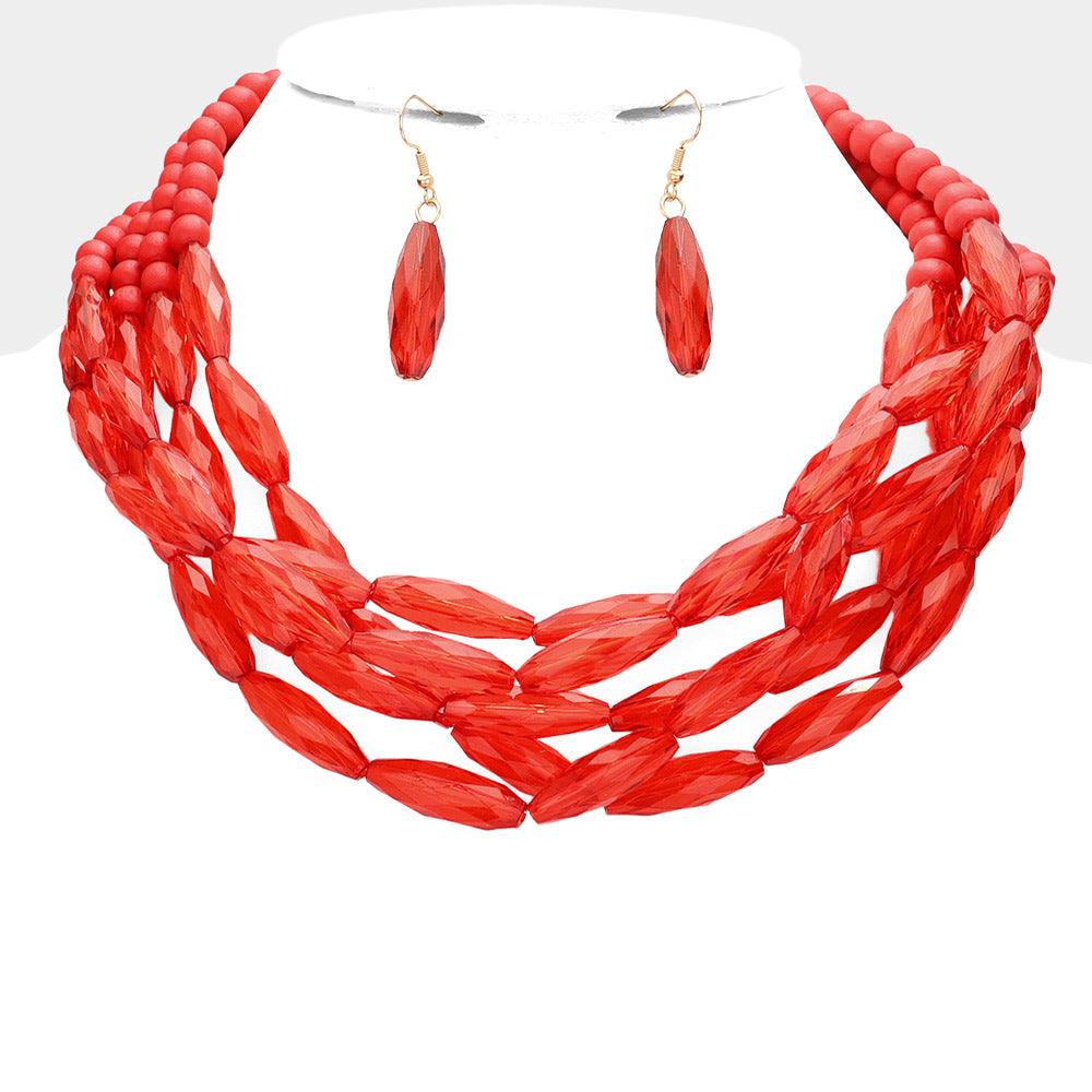 Red Wood Ball Beaded Multi Layered Necklace