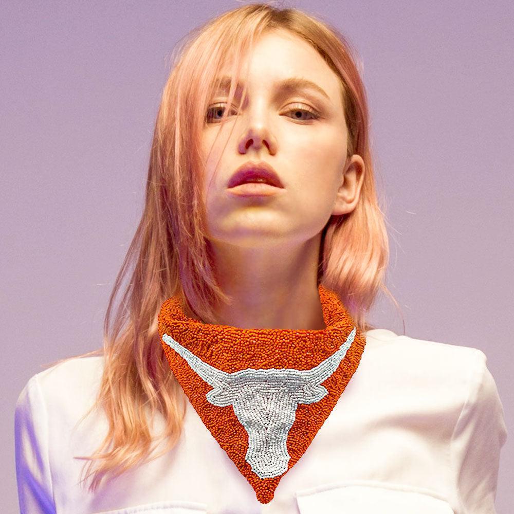 Orange Seed Beaded Steer Head Accented Collar Necklace - Jewelry Store by Erik Rayo