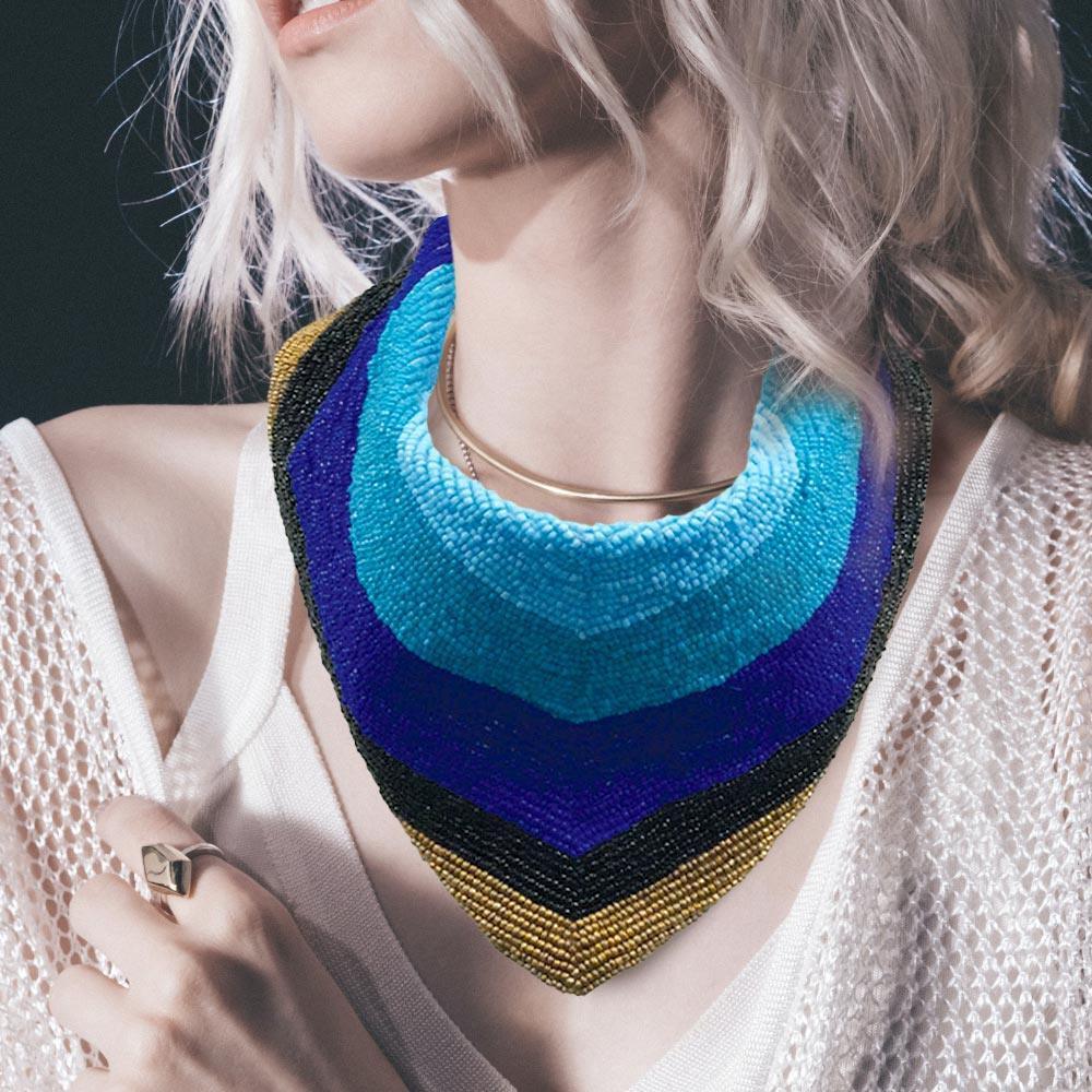 Turquoise Chevron Patterned Seed Beaded Collar Necklace - Jewelry Store by Erik Rayo